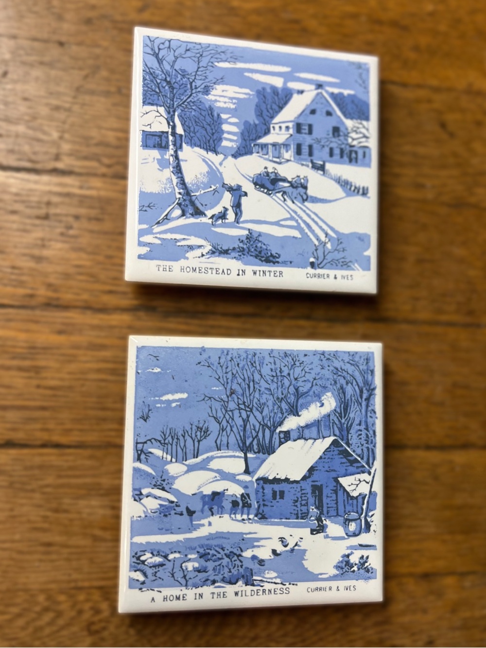 Vintage Blue & White Ceramic Tile Trivet / Hot plate - Currier & Ives Prints